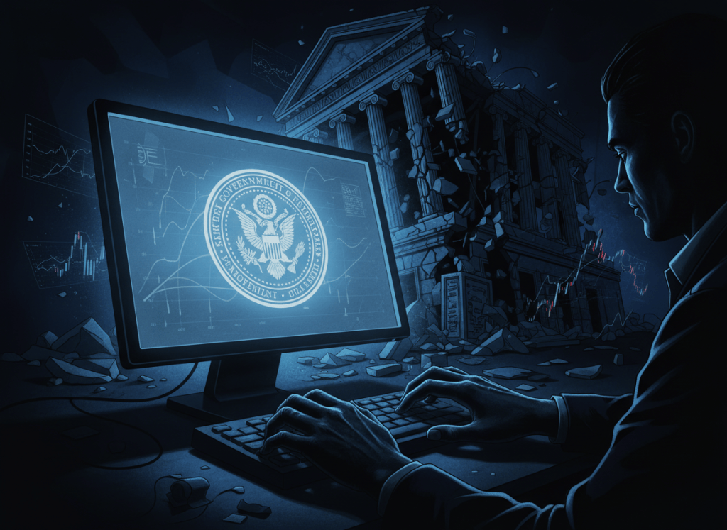 Dark, moody editorial illustration in the style of investigative journalism. A glowing counterfeit government seal or certificate on a screen, with shadowy hands in the foreground and the suggestion of a crumbling financial institution in the background. Deep navy and black tones with cold blue-white highlights. Noir aesthetic, cinematic lighting. No text in the image.