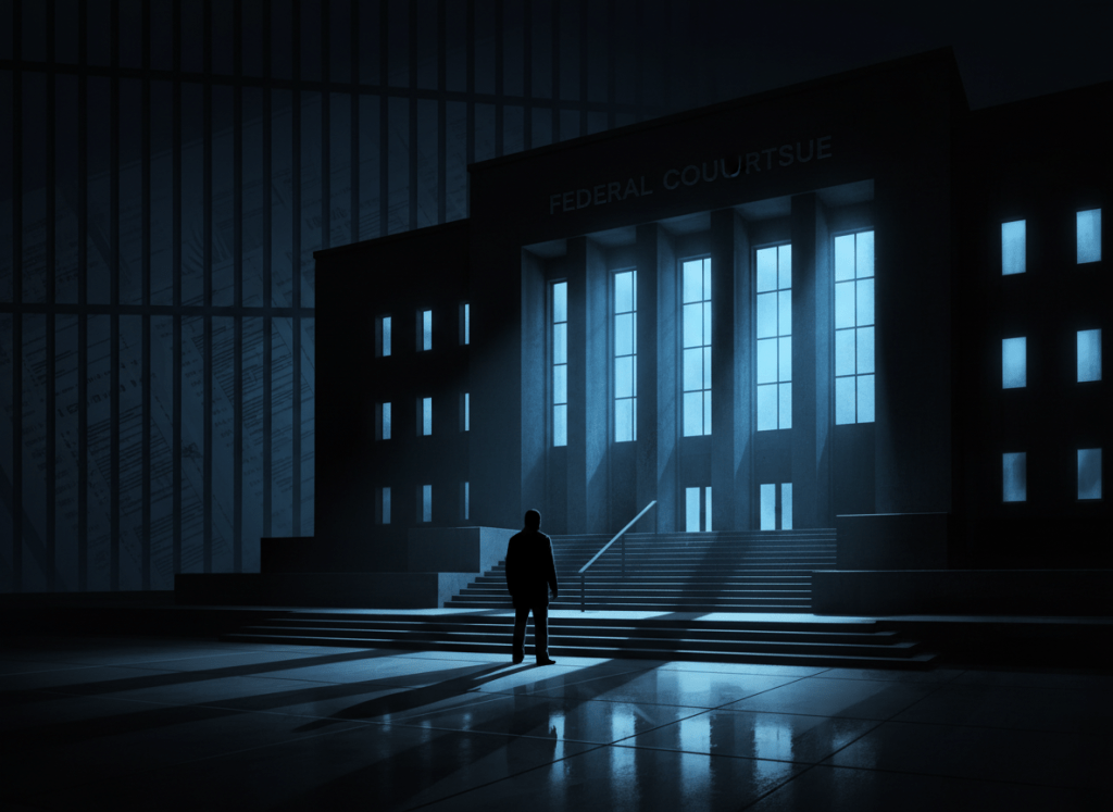 Dark, cinematic editorial illustration. A federal courthouse at night, cold blue light spilling through tall windows onto concrete steps. A shadowy figure in the foreground, silhouetted. In the background, faint suggestion of prison bars and medical billing documents overlapping. Deep black and steel blue tones, noir atmosphere, no text in the image.