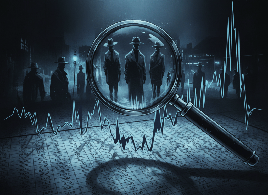 Dark, moody editorial illustration. A magnifying glass hovering over a dense spreadsheet or graph full of numbers, with distorted reflections and shadowy figures in the background. The graph lines spike dramatically upward then down, suggesting contested data. Cold blue and slate grey tones, deep shadows, no text in the image. Noir aesthetic, cinematic lighting.
