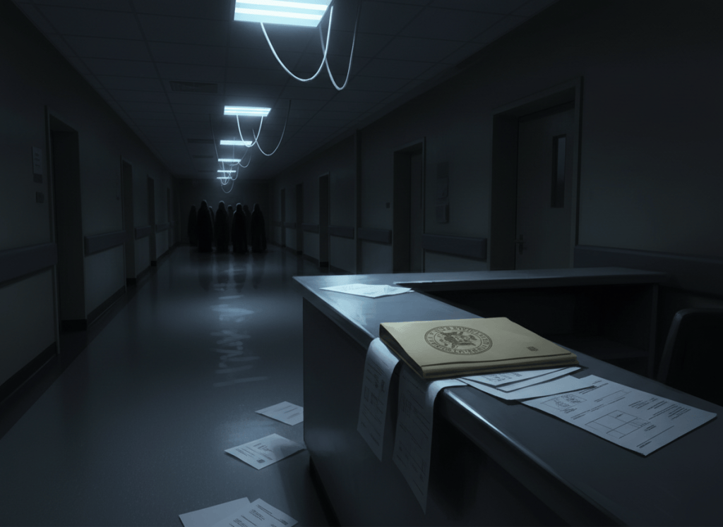 Dark cinematic editorial illustration. A sterile hospital corridor at night, fluorescent lights flickering overhead, casting cold blue-white light on empty hallways. A manila folder labeled with a government seal lies open on a nurse's station desk, papers spilling out. Shadowy figures in the background. Deep charcoal and institutional grey tones, noir atmosphere, no text in the image.