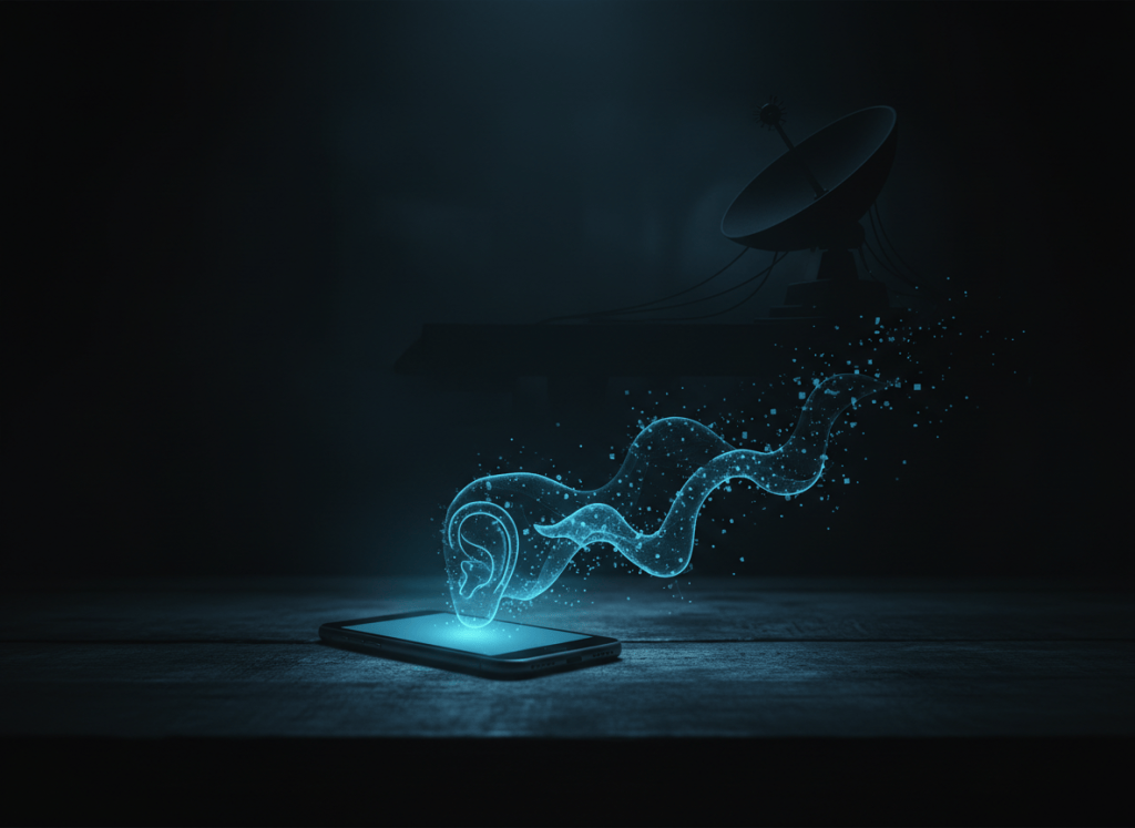 Dark, moody editorial illustration. A smartphone lying on a table, its screen glowing faintly, with an abstract ear or sound wave emanating from it into the shadows. Above, a faint silhouette of surveillance equipment or a radar dish. Deep black and cold neon blue tones, noir atmosphere, cinematic lighting. No text in the image.