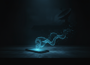 Dark, moody editorial illustration. A smartphone lying on a table, its screen glowing faintly, with an abstract ear or sound wave emanating from it into the shadows. Above, a faint silhouette of surveillance equipment or a radar dish. Deep black and cold neon blue tones, noir atmosphere, cinematic lighting. No text in the image.