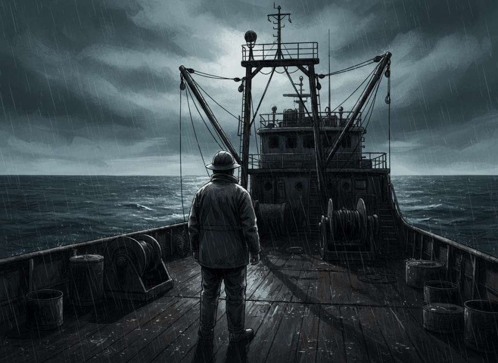 Dark noir editorial illustration. A lone figure in rain gear and a hard hat stands on the deck of a fishing vessel at sea, isolated, looking out at a vast dark ocean. The sky is stormy and overcast, cold steel-blue and grey tones. The figure is small against the massive industrial vessel behind them. Moody, cinematic lighting with rain and ocean spray. No text. No faces visible.