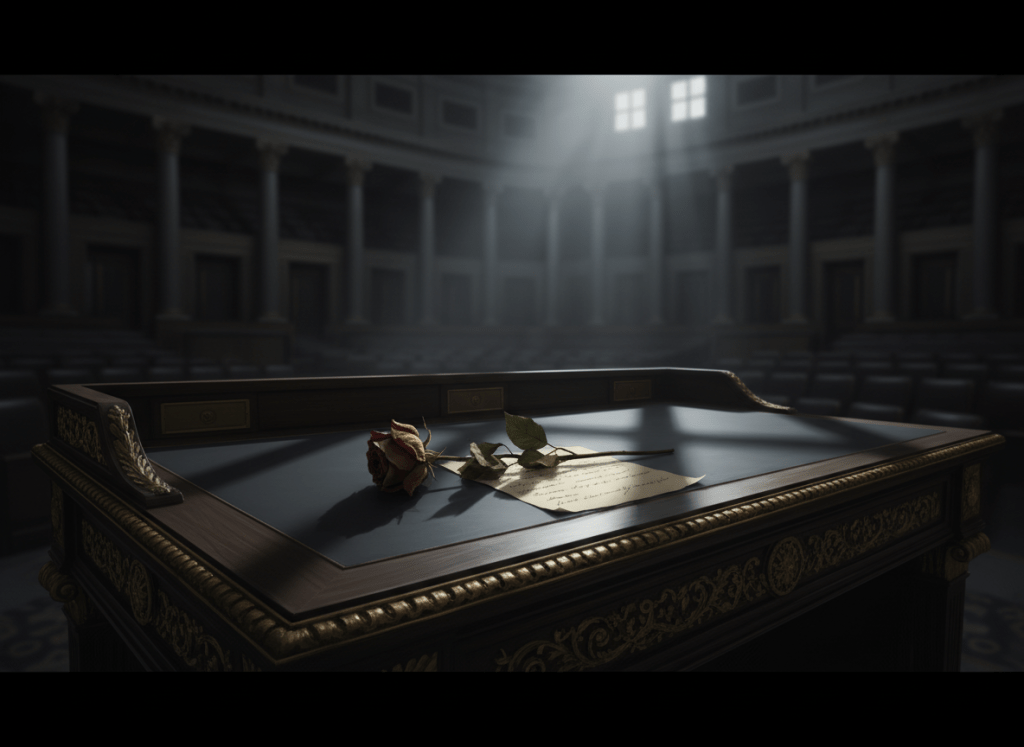 Dark noir editorial illustration. An ornate wooden congressional chamber desk seen from a low angle, a single wilted flower and a folded handwritten note resting on top of it, dramatic shadows cast across the wood grain. Cold institutional lighting, deep blacks and dark golds. Empty chamber in the background, blurred. Ominous, formal, cinematic. No text. No faces.
