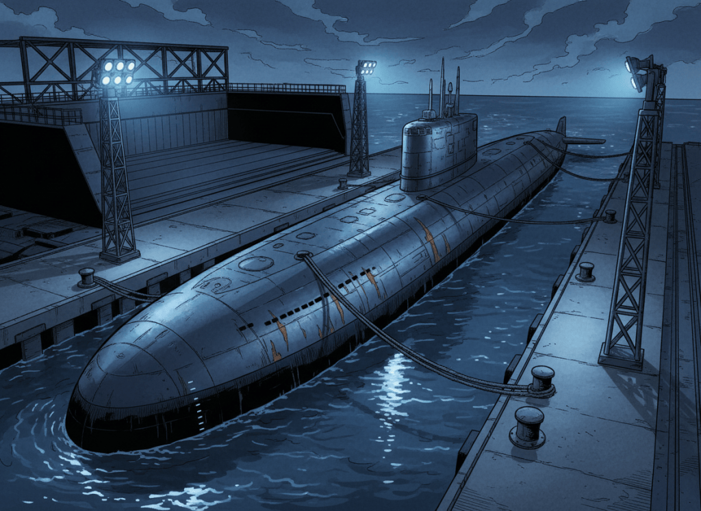 Dark noir editorial illustration. A nuclear attack submarine seen from above at a pier, surrounded by dark water, tied to bollards with heavy lines. The submarine is partially lit by cold industrial floodlights, casting long shadows across the hull. Rust streaks and weathering visible. A dry dock looms empty in the distant background. Deep navy blue, charcoal, and steel grey tones. Moody, cinematic, no text, no faces.