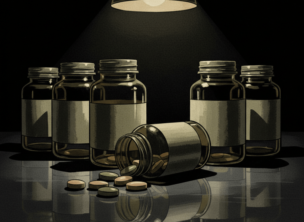 Dark noir editorial illustration. A close-up of pharmaceutical pill bottles arranged in a row, shadows falling across them dramatically. One bottle is tipped over, pills spilling out. The background is deep charcoal black. Cold clinical lighting from a single source above. Muted olive, grey, and amber tones. No labels visible, no faces, no text, no logos. Moody and ominous.