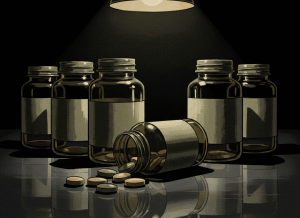 Dark noir editorial illustration. A close-up of pharmaceutical pill bottles arranged in a row, shadows falling across them dramatically. One bottle is tipped over, pills spilling out. The background is deep charcoal black. Cold clinical lighting from a single source above. Muted olive, grey, and amber tones. No labels visible, no faces, no text, no logos. Moody and ominous.