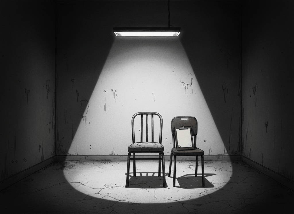 Dark noir editorial illustration. A single empty chair in a sparse waiting room, lit by a cold fluorescent light overhead. The room has stark white walls fading to shadow at the edges. A clipboard with papers sits on an adjacent chair. Long shadows across the floor. No people, no faces, no text, no logos. Bleak and institutional. Deep grey, off-white, and shadow tones.