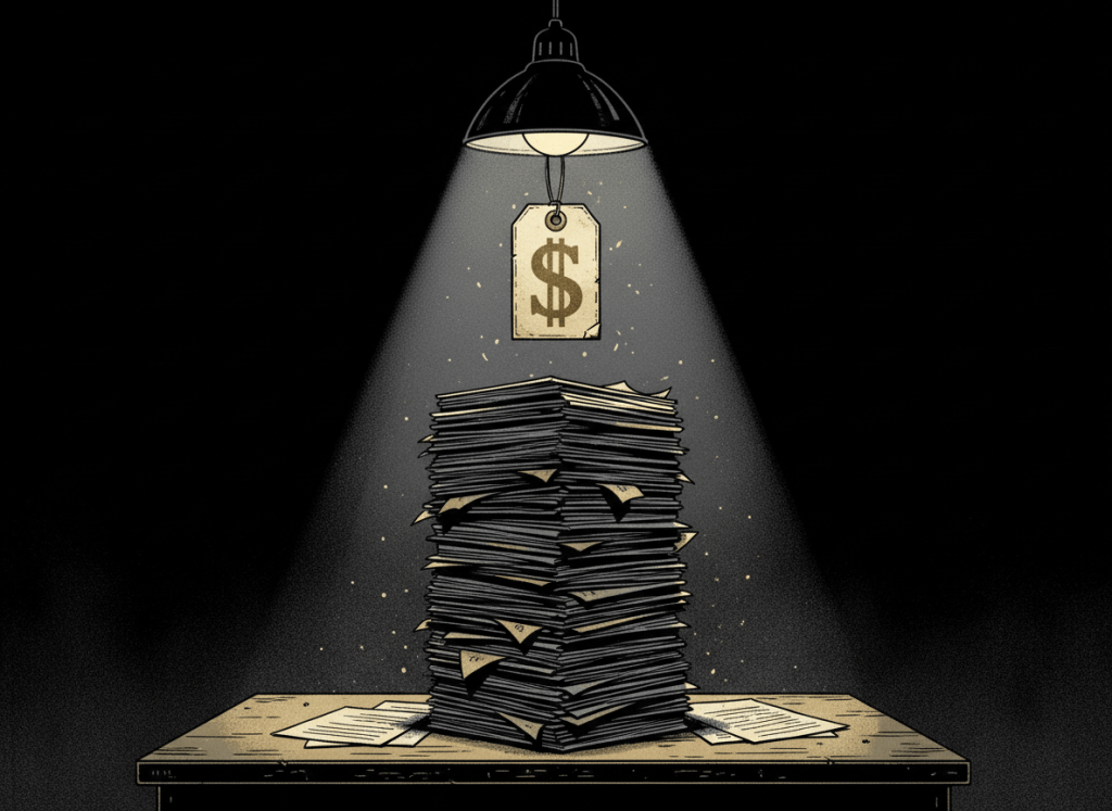 Dark noir editorial illustration. A large stack of documents or paperwork on a desk, dimly lit from a single lamp overhead. A price tag with a large dollar sign hangs from the top of the stack. Deep shadows surround the desk. Cold grey and gold tones. No faces, no text, no logos. Stark and bureaucratic.