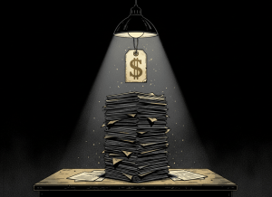 Dark noir editorial illustration. A large stack of documents or paperwork on a desk, dimly lit from a single lamp overhead. A price tag with a large dollar sign hangs from the top of the stack. Deep shadows surround the desk. Cold grey and gold tones. No faces, no text, no logos. Stark and bureaucratic.