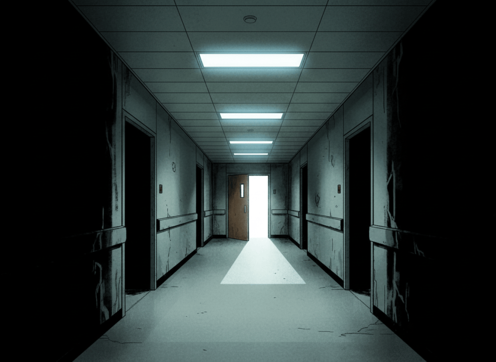 Dark noir editorial illustration. A hospital corridor seen from the end, long and empty, fluorescent lights casting cold light on a bare linoleum floor. A single door at the far end is ajar, light spilling through. Deep shadows on either side. Institutional grey and pale green tones. No people, no faces, no text, no logos. Bleak and clinical.