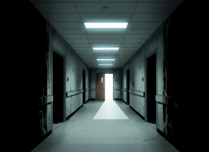 Dark noir editorial illustration. A hospital corridor seen from the end, long and empty, fluorescent lights casting cold light on a bare linoleum floor. A single door at the far end is ajar, light spilling through. Deep shadows on either side. Institutional grey and pale green tones. No people, no faces, no text, no logos. Bleak and clinical.