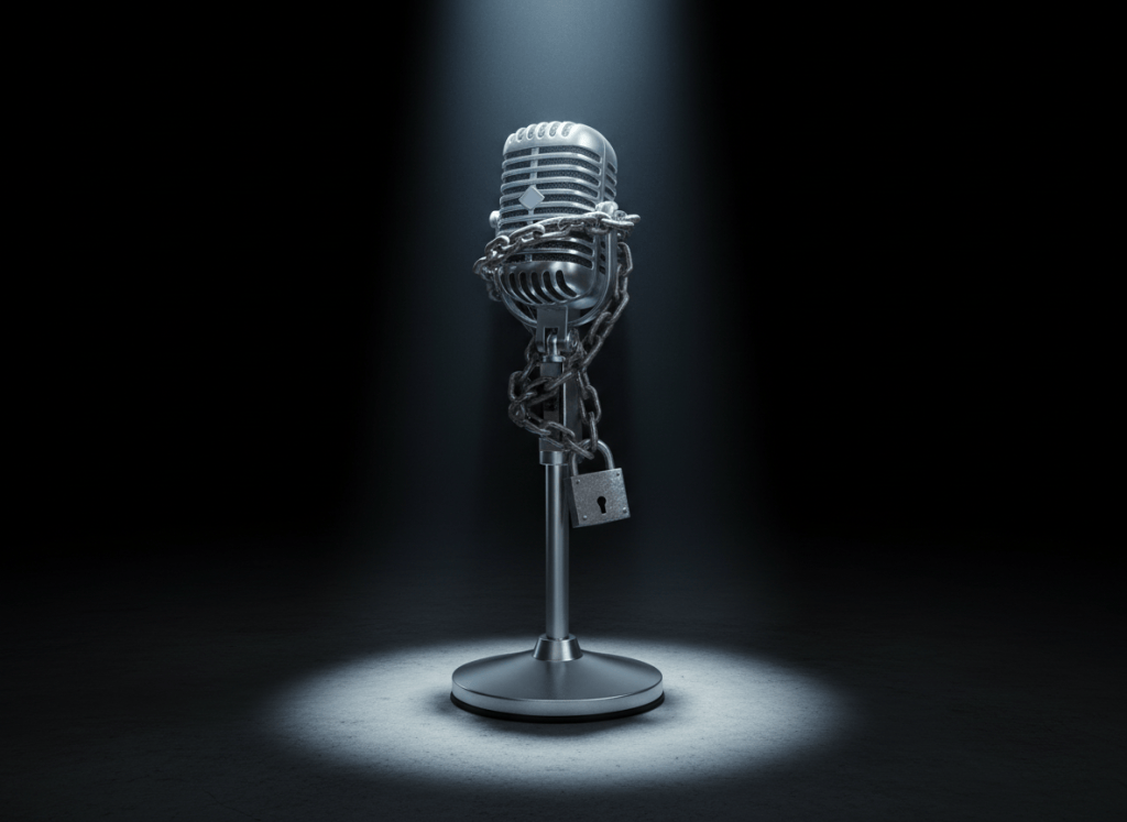 Dark noir editorial illustration. A vintage radio microphone on a stand, dramatically lit from above by a single cold spotlight. The microphone is partially wrapped in heavy chains and padlock. The background is deep black. Long shadows across a bare surface beneath the microphone. Cold silver and charcoal tones. No faces, no text, no logos. Cinematic and ominous.