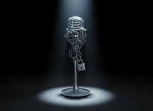 Dark noir editorial illustration. A vintage radio microphone on a stand, dramatically lit from above by a single cold spotlight. The microphone is partially wrapped in heavy chains and padlock. The background is deep black. Long shadows across a bare surface beneath the microphone. Cold silver and charcoal tones. No faces, no text, no logos. Cinematic and ominous.