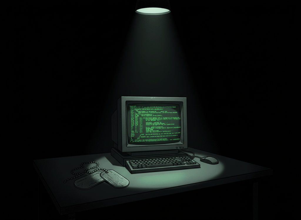 Dark noir editorial illustration. A glowing computer terminal screen in a pitch-black room, with lines of green code cascading down. Military dog tags rest on the desk beside the keyboard. A single cold overhead spotlight illuminates the scene from above. Deep shadows fill the corners. No faces, no logos, no text. Cinematic, somber, high contrast.