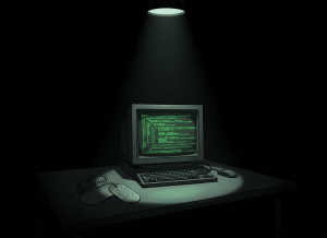 Dark noir editorial illustration. A glowing computer terminal screen in a pitch-black room, with lines of green code cascading down. Military dog tags rest on the desk beside the keyboard. A single cold overhead spotlight illuminates the scene from above. Deep shadows fill the corners. No faces, no logos, no text. Cinematic, somber, high contrast.
