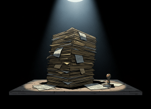 Dark noir editorial illustration. A towering stack of manila folders and government paperwork on a bare desk, dramatically lit from above by a single cold spotlight. The stack is precarious, leaning slightly. Deep black background. Long shadows across the desk surface. A single rubber stamp lies beside the pile. Cold gray and amber tones. No faces, no text, no logos. Cinematic and ominous.