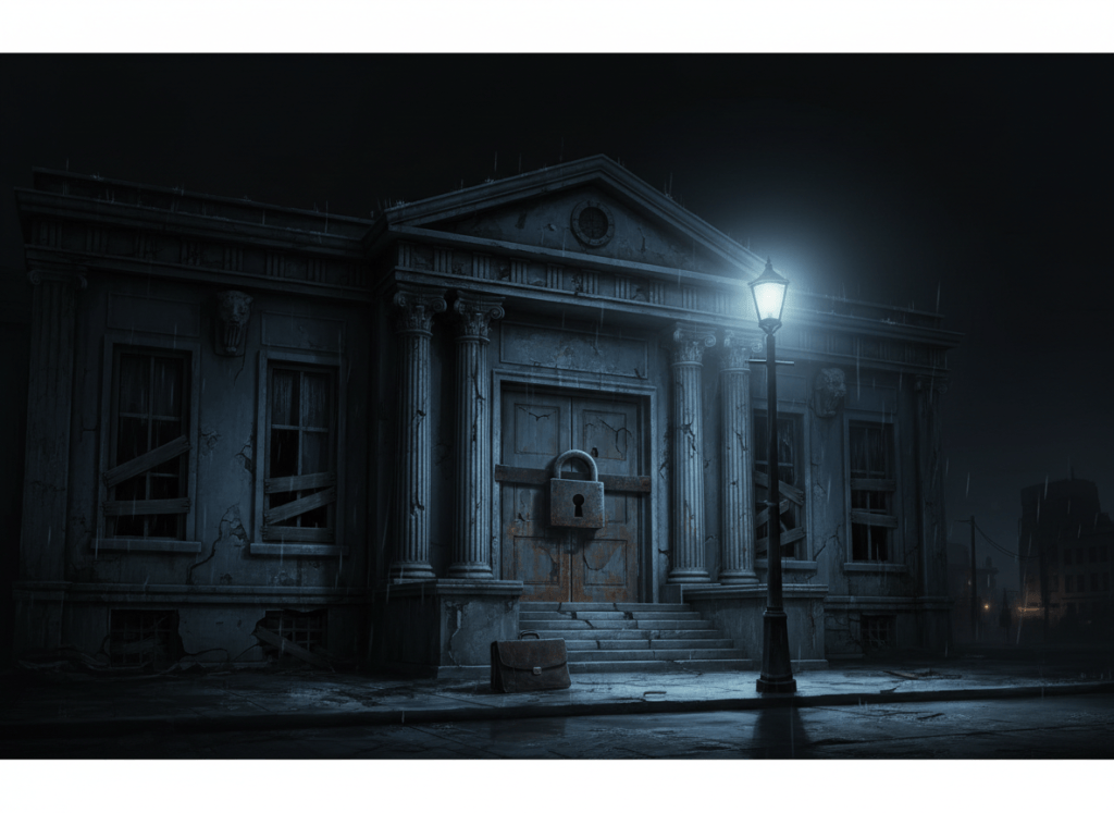 Dark noir editorial illustration. A battered courthouse with a padlock on the door, dramatically lit by a single cold streetlamp against a black night sky. The building looks underfunded and neglected. Long shadows across wet pavement. A single briefcase sits abandoned on the steps. Deep blacks and cold blue-gray tones with amber highlights. No faces, no text, no logos. Cinematic and ominous.