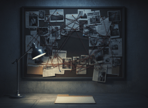 Dark noir editorial illustration. A detective's evidence board on a bare wall, covered in investigation files, photographs, and string connecting documents, dramatically lit by a single cold desk lamp. The board is full but the center is conspicuously empty — no conclusion, no resolution. Deep black background. Long shadows. Cold blue-gray and amber tones. A single manila folder lies open and empty on the desk below. No faces, no text, no logos. Cinematic and ominous.