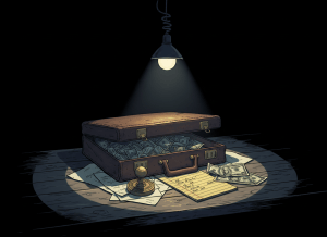 Dark noir editorial illustration. A briefcase sits open on a bare desk under a single harsh overhead light, spilling out folded documents, a notary stamp, and scattered paper money. Long dramatic shadows across the scene. A legal pad with handwritten figures visible but illegible. Cold blue-gray and amber tones. Deep black background. No faces, no text, no logos. Cinematic, ominous, and precise.
