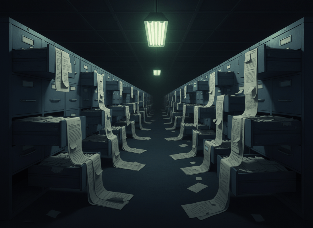 Dark editorial illustration. A vast filing cabinet system stretching to the horizon, rows upon rows of identical steel drawers, each slightly ajar with documents spilling out. A single overhead fluorescent light buzzes above. The drawers all bear identical labels. Cold institutional gray and blue tones, deep shadows. No faces, no text, no logos. Cinematic wide angle, ominous bureaucratic scale. Noir atmosphere.
