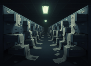 Dark editorial illustration. A vast filing cabinet system stretching to the horizon, rows upon rows of identical steel drawers, each slightly ajar with documents spilling out. A single overhead fluorescent light buzzes above. The drawers all bear identical labels. Cold institutional gray and blue tones, deep shadows. No faces, no text, no logos. Cinematic wide angle, ominous bureaucratic scale. Noir atmosphere.