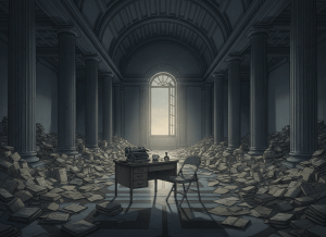 Dark editorial illustration. A vast marble government building interior — columns, vaulted ceilings, institutional grandeur — but the floor is covered in stacks of paper ledgers and manila envelopes, spilling across the tiles like a flood that never got cleaned up. A single open window lets in cold gray light. In the center, a simple wooden desk with a cheap metal folding chair, completely incongruous with the architecture. On the desk, an old mechanical adding machine, a coffee cup, and a rubber stamp. No people, no faces, no text, no logos. Noir and absurdist. The feeling of bureaucracy eating itself. Cool blue-grey tones with amber light from the window.
