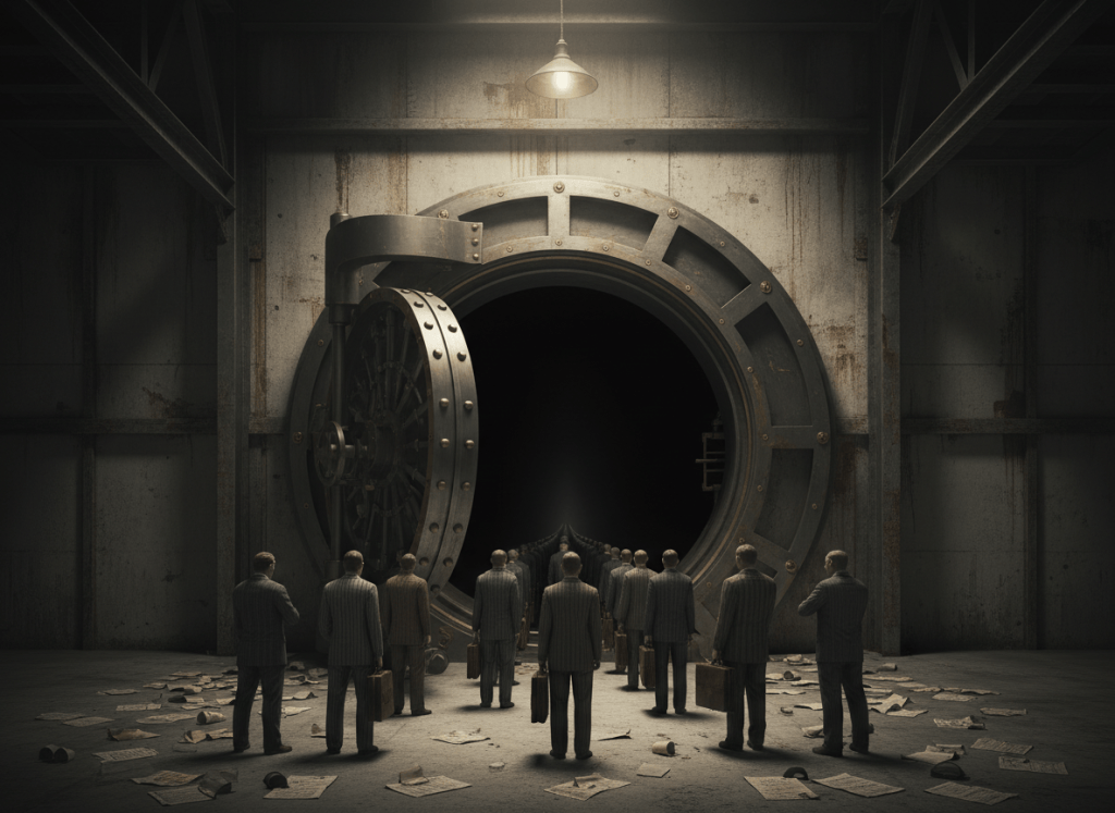 Dark noir editorial illustration. A Depression-era bank vault door, massive and imposing, stands wide open in the middle of an otherwise bare industrial warehouse. Through the open vault, instead of gold or cash, there is a long queue of men in 1930s suits — hat in hand, briefcases at their feet — stretching back into the darkness. Above the vault, a single bare bulb on a cord. On the floor, scattered loan documents and rubber-stamped papers. Cold concrete walls, deep shadows, amber and grey tones. No faces visible. No text, no logos. Cinematic, institutional dread with a faint undercurrent of absurdity — the machine that was supposed to save everyone just kept running.