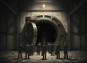 Dark noir editorial illustration. A Depression-era bank vault door, massive and imposing, stands wide open in the middle of an otherwise bare industrial warehouse. Through the open vault, instead of gold or cash, there is a long queue of men in 1930s suits — hat in hand, briefcases at their feet — stretching back into the darkness. Above the vault, a single bare bulb on a cord. On the floor, scattered loan documents and rubber-stamped papers. Cold concrete walls, deep shadows, amber and grey tones. No faces visible. No text, no logos. Cinematic, institutional dread with a faint undercurrent of absurdity — the machine that was supposed to save everyone just kept running.