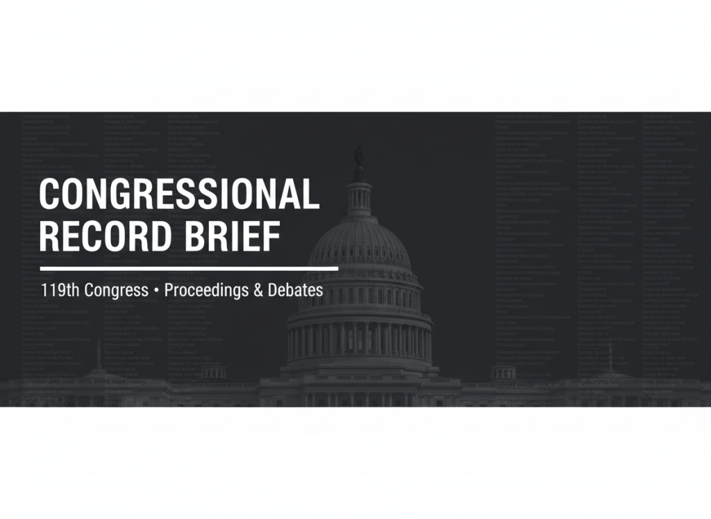 A dark, authoritative editorial header image for a publication called "Congressional Record Brief." Deep charcoal and slate gray background. Faint, ghosted columns of legislative text and procedural journal entries fill the background as a watermark texture. Centered in the image is a ghosted U.S. Capitol dome illustration, rendered in a subtle lighter gray. Top-left aligned bold white sans-serif text reads "CONGRESSIONAL RECORD BRIEF" in large tracking. A clean white horizontal rule separates the title from subtitle text below. Below the rule, smaller lighter-weight white text reads "119th Congress · Proceedings & Debates." Overall mood: formal, institutional, serious journalism. Same visual language as a Federal Register publication header but distinctly legislative in character.