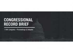 A dark, authoritative editorial header image for a publication called "Congressional Record Brief." Deep charcoal and slate gray background. Faint, ghosted columns of legislative text and procedural journal entries fill the background as a watermark texture. Centered in the image is a ghosted U.S. Capitol dome illustration, rendered in a subtle lighter gray. Top-left aligned bold white sans-serif text reads "CONGRESSIONAL RECORD BRIEF" in large tracking. A clean white horizontal rule separates the title from subtitle text below. Below the rule, smaller lighter-weight white text reads "119th Congress · Proceedings & Debates." Overall mood: formal, institutional, serious journalism. Same visual language as a Federal Register publication header but distinctly legislative in character.
