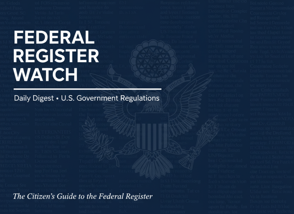 A dark, authoritative editorial header image. Deep navy blue background. Faint ghosted columns of dense regulatory text fill the background as a watermark texture. Centered is a ghosted U.S. Great Seal (eagle), rendered subtly in a slightly lighter navy. Top-left aligned bold white sans-serif text reads "FEDERAL REGISTER WATCH" in wide tracking. A clean white horizontal rule separates the title from subtitle text below it. Below the rule, smaller lighter-weight white text reads "Daily Digest · U.S. Government Regulations." In the bottom-left corner, in small clean white italic text, the article title reads: "The Citizen's Guide to the Federal Register." Overall mood: formal, institutional, serious regulatory journalism.