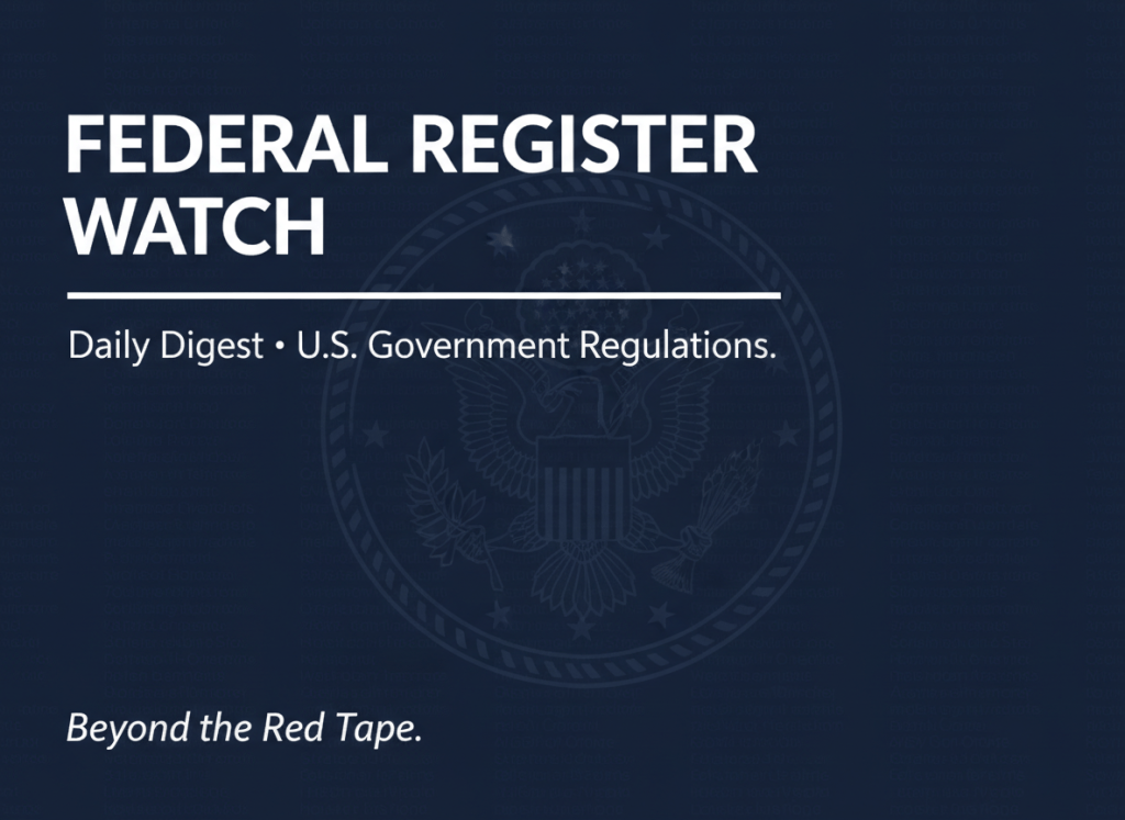 A dark, authoritative editorial header image. Deep navy blue background. Faint ghosted columns of dense regulatory text fill the background as a watermark texture. Centered is a ghosted U.S. Great Seal (eagle), rendered subtly in a slightly lighter navy. Top-left aligned bold white sans-serif text reads "FEDERAL REGISTER WATCH" in wide tracking. A clean white horizontal rule separates the title from subtitle text below it. Below the rule, smaller lighter-weight white text reads "Daily Digest · U.S. Government Regulations." In the bottom-left corner, in small clean white italic text, the article title reads: "Beyond the Red Tape." Overall mood: formal, institutional, serious regulatory journalism.