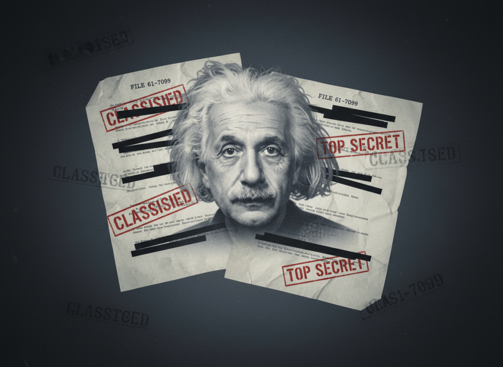A dramatic, atmospheric editorial image for an article about the FBI's secret surveillance file on Albert Einstein. Dark charcoal background. A ghosted, slightly blurred photograph-style portrait of an elderly Einstein with wild white hair, rendered in grainy monochrome, partially obscured by overlapping translucent FBI document pages and redacted text stamps. The words "CLASSIFIED" and "FILE 61-7099" appear faintly. Mood: Cold War paranoia, institutional surveillance, serious investigative journalism.