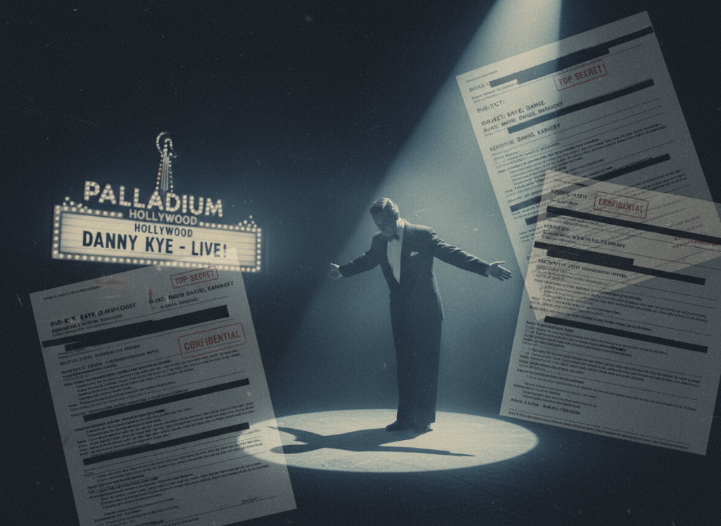 A moody, noir-tinged editorial image for an article about the FBI's secret file on entertainer Danny Kaye. Deep shadows and cool blues. A ghosted silhouette of a performer on a stage, spotlight above, with translucent FBI document pages and redacted stamps overlaid. A faint marquee sign in the background. The atmosphere evokes Cold War Hollywood paranoia and institutional surveillance. Serious investigative journalism aesthetic.