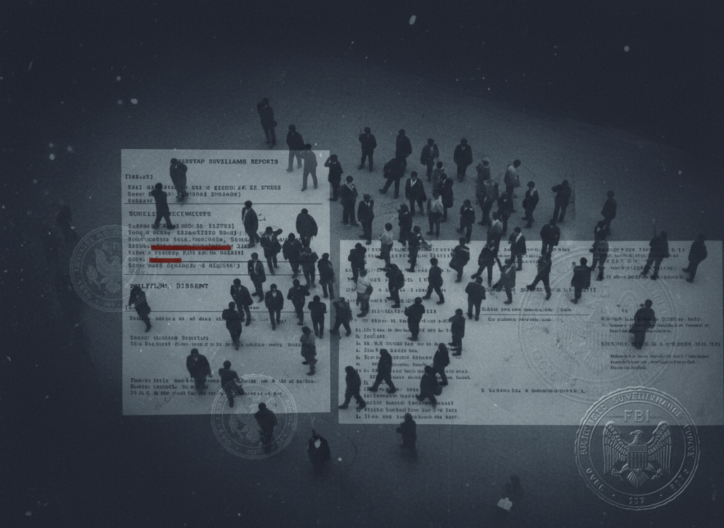 A stark, Cold War-era editorial image for an article about FBI surveillance of social-democratic political dissent. Dark navy and slate background. Ghosted imagery of protest marchers seen from above, overlaid with wiretap transcripts and surveillance report pages rendered as translucent watermarks. A faint eagle seal in one corner. Mood: institutional power, political repression, investigative journalism.