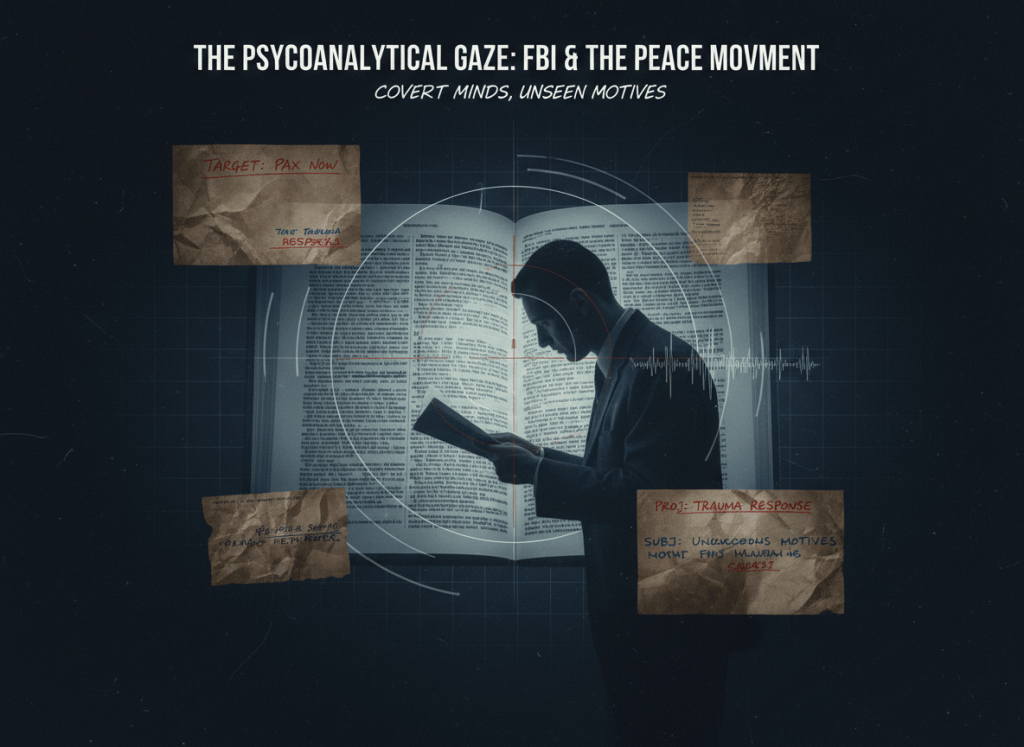 An atmospheric editorial image for an article about FBI surveillance of peace activists, framed through the lens of psychoanalysis. Dark background with a ghosted open book of dense text, overlaid with a faint silhouette of a suited figure reading. Surveillance-style annotations and Cold War document textures float in the background. Mood: intellectual paranoia, covert observation, serious investigative tone.