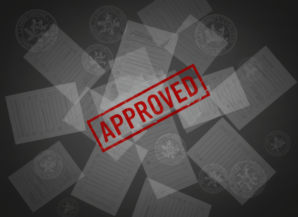 A darkly satirical editorial image for an article about executive government dysfunction. Deep charcoal background with ghosted imagery of official government seals, rubber stamps, and stacks of bureaucratic forms rendered as a chaotic jumble. A single bold red stamp reads "APPROVED" at an absurd angle. The mood is sardonic, institutional, and wryly political — serious satire, not cartoonish.