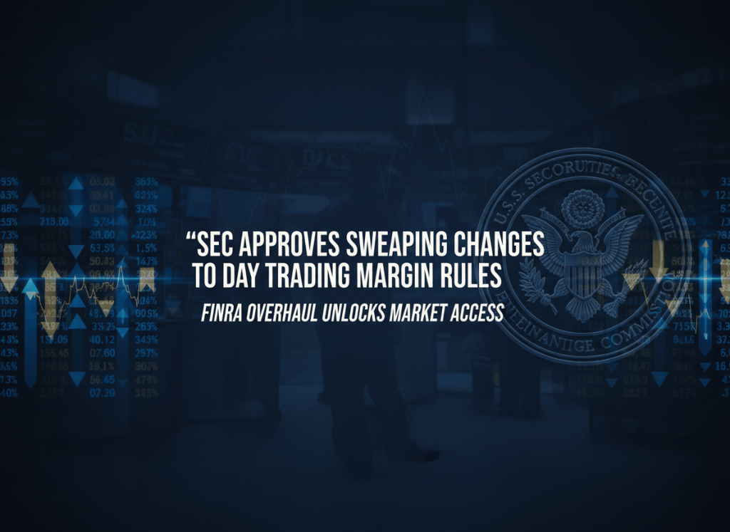 A clean, authoritative editorial image for an article about SEC approval of major changes to day trading margin rules by FINRA. Dark navy background with ghosted stock market ticker tape and trading floor imagery rendered as subtle watermarks. Bold financial data columns and an SEC seal appear faintly. Mood: regulatory authority, financial markets, institutional power. Serious financial journalism aesthetic.