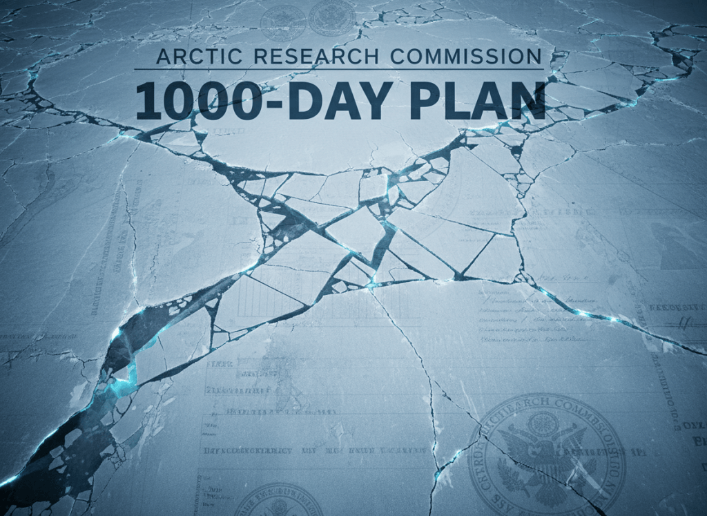 A dramatic editorial image for an article about the Arctic Research Commission's 1000-day plan. Deep blue and white color palette evoking ice and cold. A ghosted aerial view of Arctic sea ice fracturing, rendered in cool blues and whites. Government document texture overlaid subtly. The mood is urgent, environmental, and governmental — the weight of policy against a melting world. Serious editorial journalism.