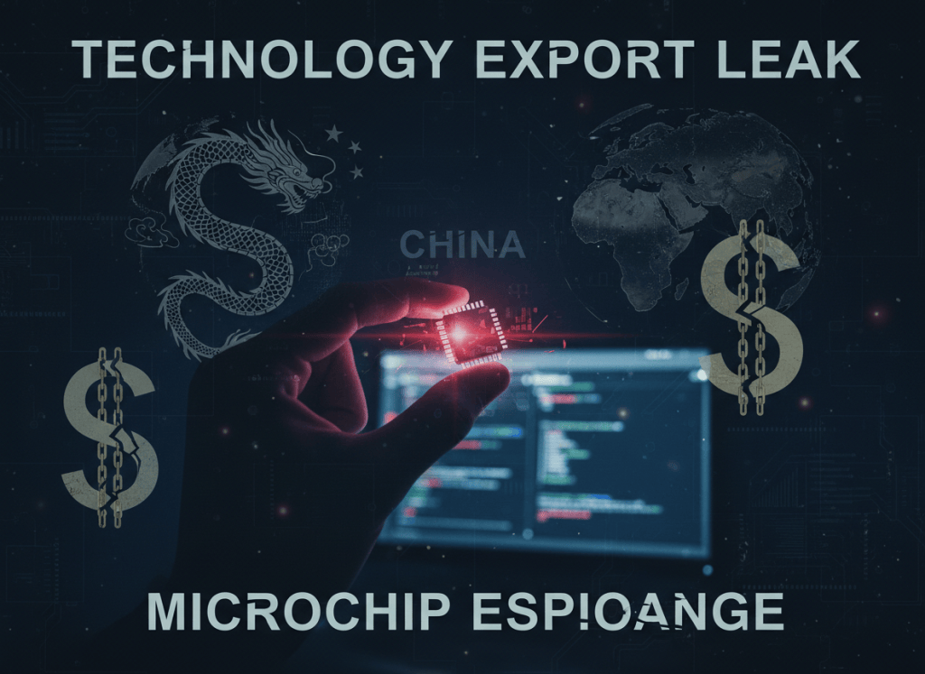 A tense, geopolitical editorial image for an article about a technology export leak involving microchips and China. Dark background with ghosted imagery of semiconductor circuit board patterns rendered as intricate watermarks. A faint dragon silhouette and a dollar sign watermark overlay suggest financial and geopolitical intrigue. Mood: espionage, trade war, high-stakes technology competition. Serious investigative journalism.