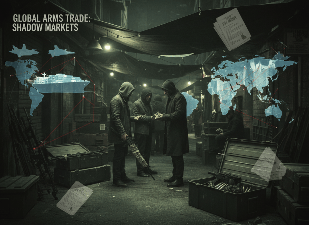 A dramatic editorial image for an article about arms exports, midnight markets, and illegal weapons dealing. Dark olive and charcoal background. Ghosted imagery of shipping containers, military hardware silhouettes, and stacks of classified documents rendered as watermarks. A faint world map in the background with trade route lines. Mood: covert global commerce, arms dealing, serious investigative journalism. No cartoonish elements.
