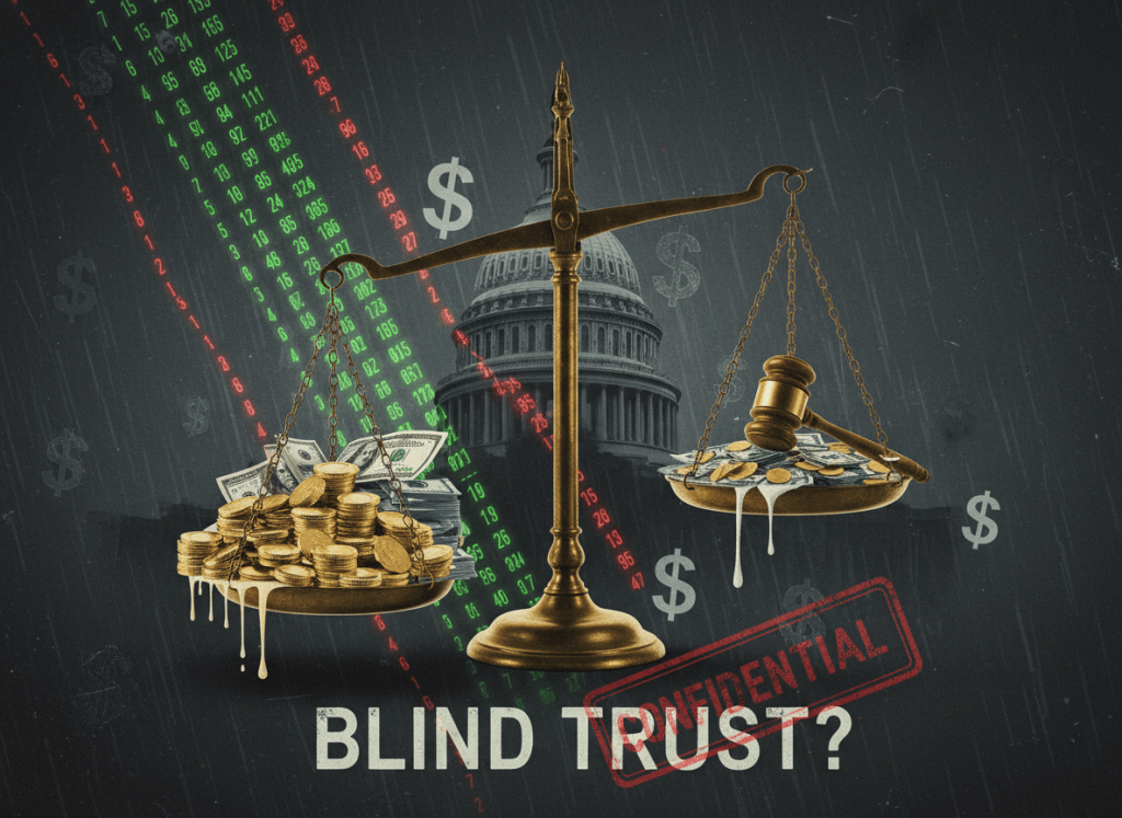 A sharp, cynical editorial image for an article about Congressional insider trading and financial self-dealing. Dark background with ghosted imagery of stock ticker numbers, a Capitol dome silhouette, and dollar signs rendered as watermarks. A faint balance scale tips toward wealth. Mood: political corruption, financial hypocrisy, investigative journalism. Serious, not cartoonish.