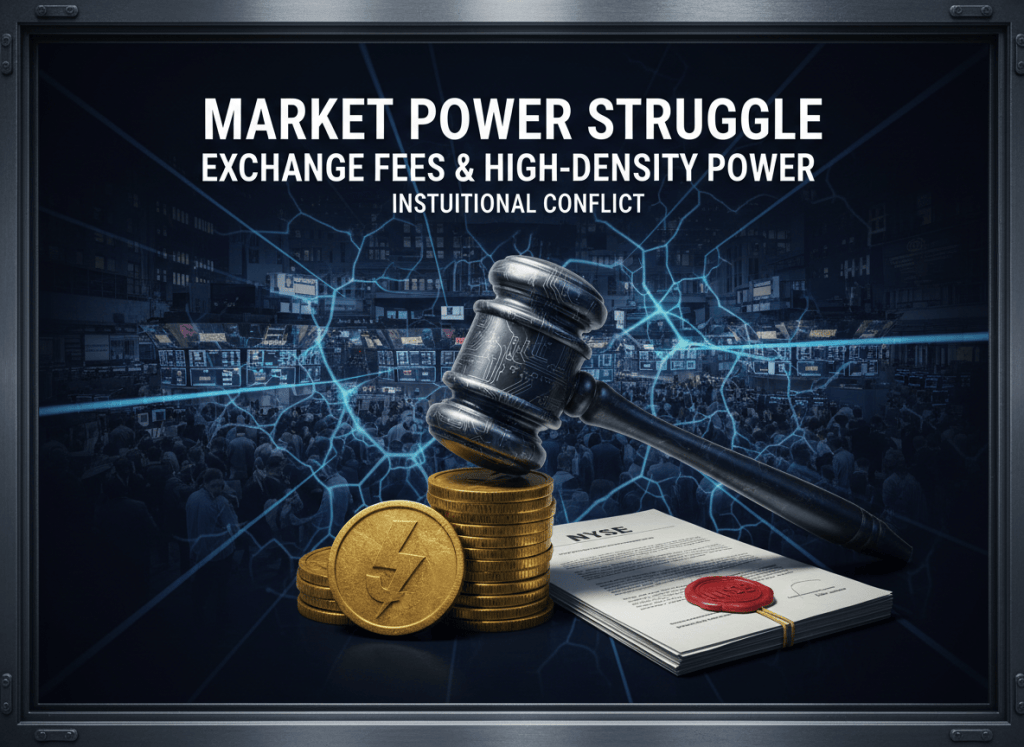 A tense financial editorial image for an article about NYSE high-density power struggles and exchange fees. Dark navy background with ghosted imagery of the NYSE trading floor, electrical circuit patterns, and power grid lines rendered as watermarks. Bold financial authority aesthetic. Mood: financial regulation, market power, institutional conflict. Serious journalism.