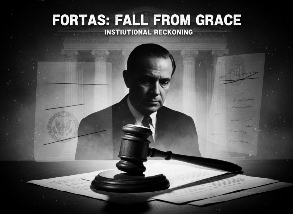 A moody, noir-style editorial image for an article about the downfall of Supreme Court Justice Abe Fortas. Dark background with ghosted imagery of Supreme Court columns, a judicial gavel, and overlapping classified document pages. Faint redacted lines and an FBI seal appear subtly. Mood: judicial corruption, institutional reckoning, serious investigative journalism. Gravitas and restraint.