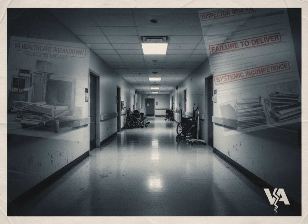 A stark, clinical editorial image for an article about VA healthcare failures and hospital incompetence. Dark charcoal background with ghosted imagery of empty hospital corridors, medical equipment, and Inspector General report pages rendered as watermarks. The mood is institutional failure, medical neglect, serious investigative journalism. Cold and bureaucratic.