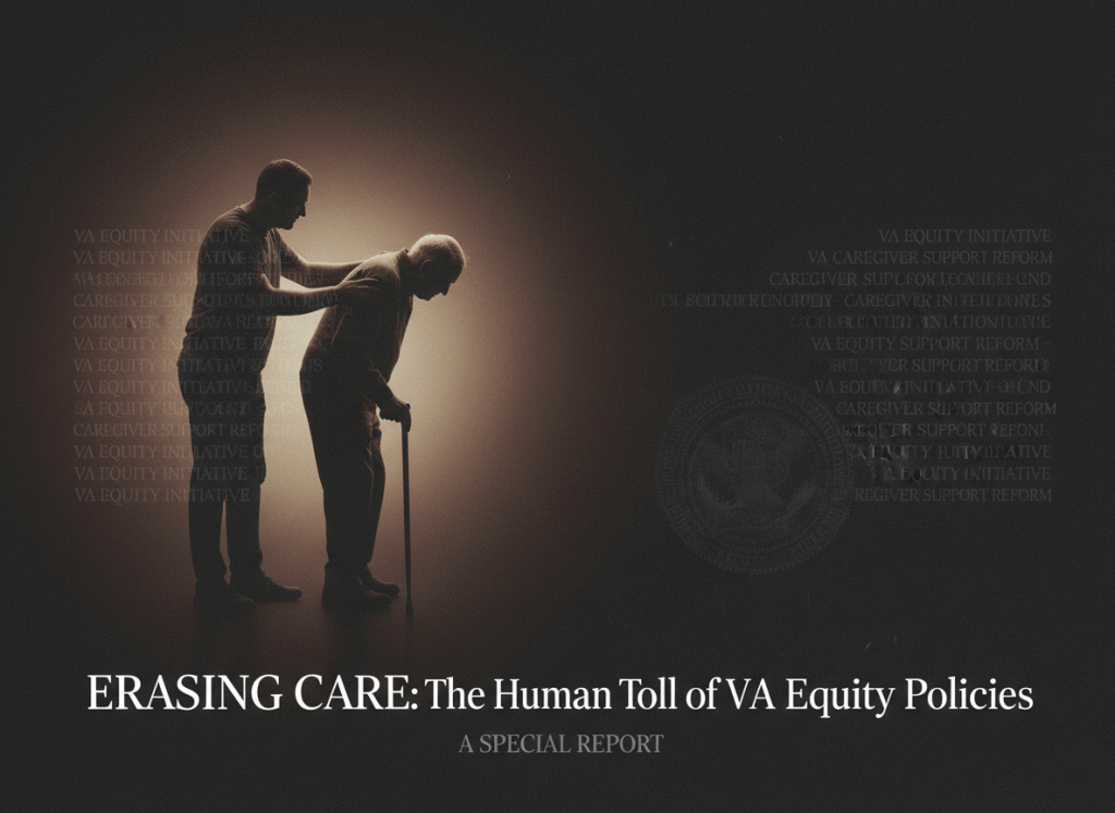 A somber, humanizing editorial image for an article about how VA bureaucratic equity policies are phasing out veteran caregiver programs. Dark warm charcoal background with a ghosted silhouette of a caregiver assisting an elderly veteran. Faint government document text overlaid as watermark. Mood: quiet institutional injustice, human cost of policy, serious journalism. Dignified and grave.