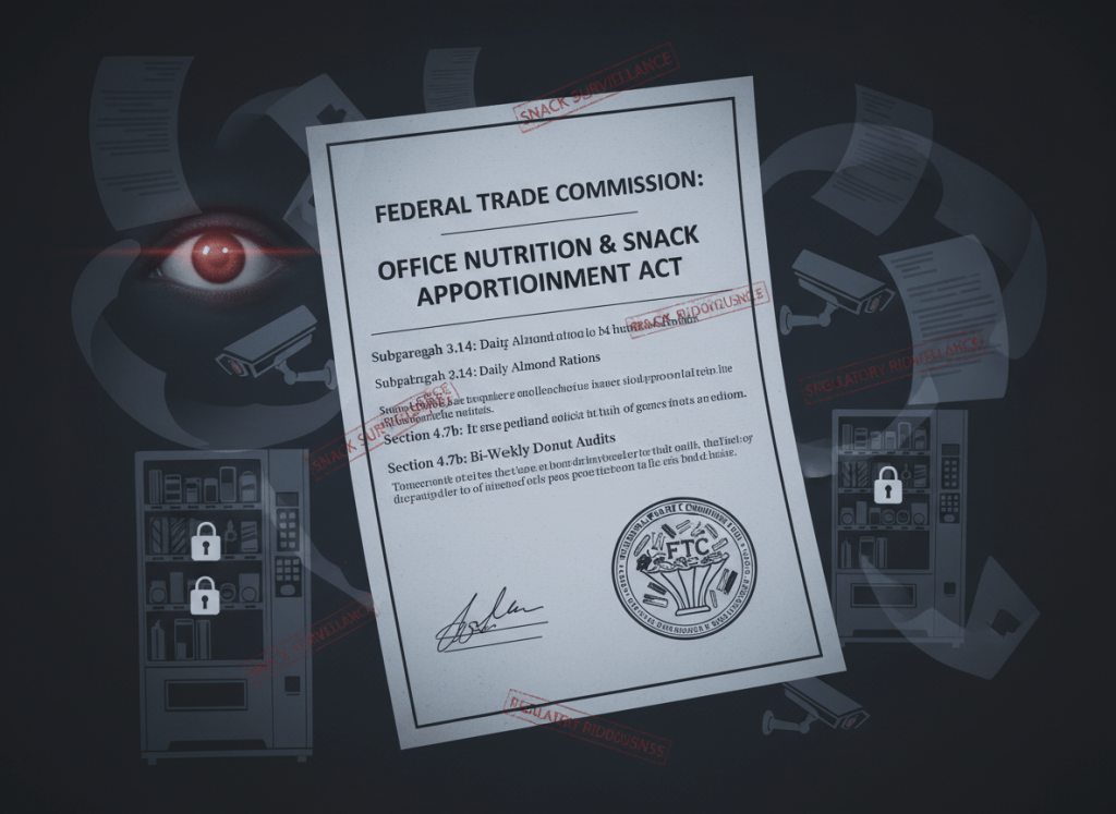 A darkly satirical editorial image for an article about FTC oversight of office vending and workplace snack regulation. Dark background with ghosted imagery of vending machines, surveillance camera icons, and FTC regulatory documents rendered as watermarks. A single watchful eye motif appears subtly. Mood: sardonic bureaucratic overreach, consumer regulation absurdity, serious satire. Not cartoonish.