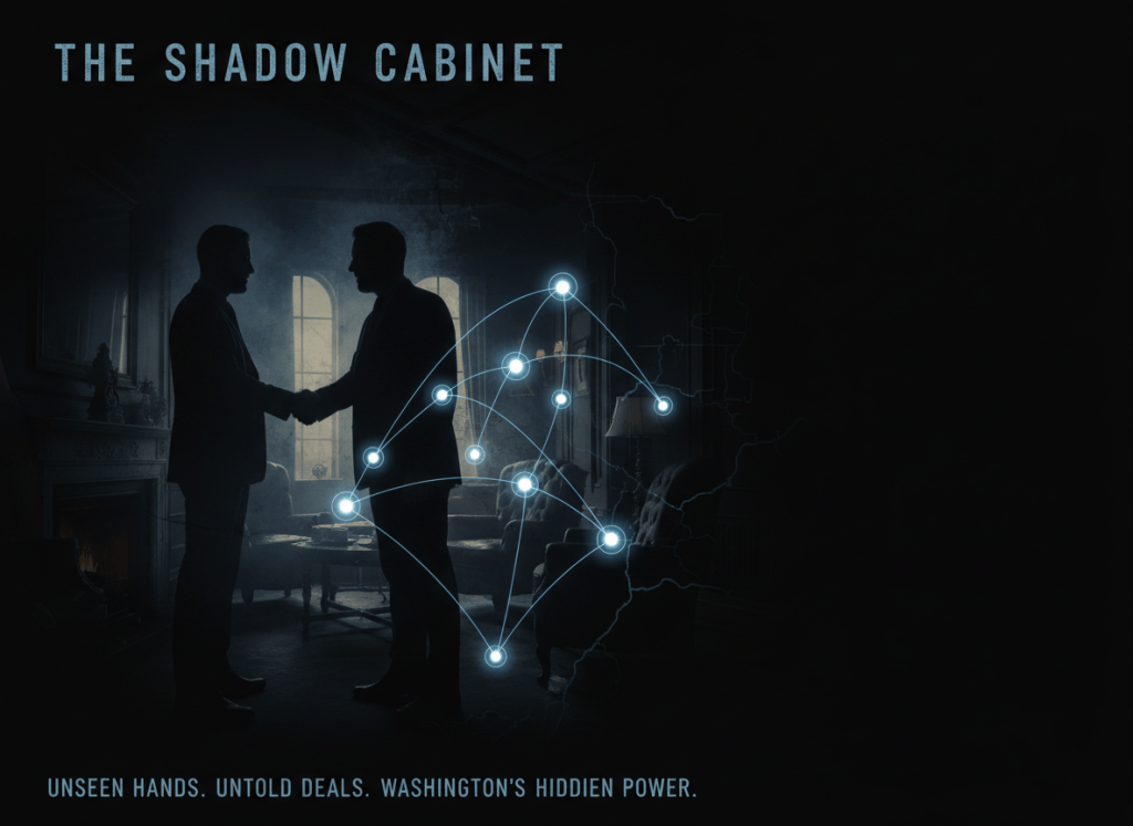 A shadowy, conspiratorial editorial image for an article about Washington DC power networks and backroom deals. Very dark background with ghosted imagery of handshakes in shadow, private club interiors, and influence networks rendered as faint connecting lines and nodes. Mood: hidden power, elite networks, investigative journalism. Atmospheric and serious.