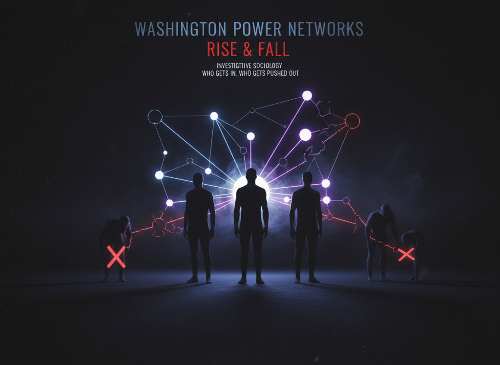 A moody editorial image for an article about the lifecycle of Washington power networks — who gets in, who gets pushed out. Dark background with a ghosted network diagram of connected nodes and broken links, suggesting rise and fall of influence. Abstract silhouettes of figures at center and periphery. Mood: political power, exclusion, investigative sociology. Atmospheric and serious.